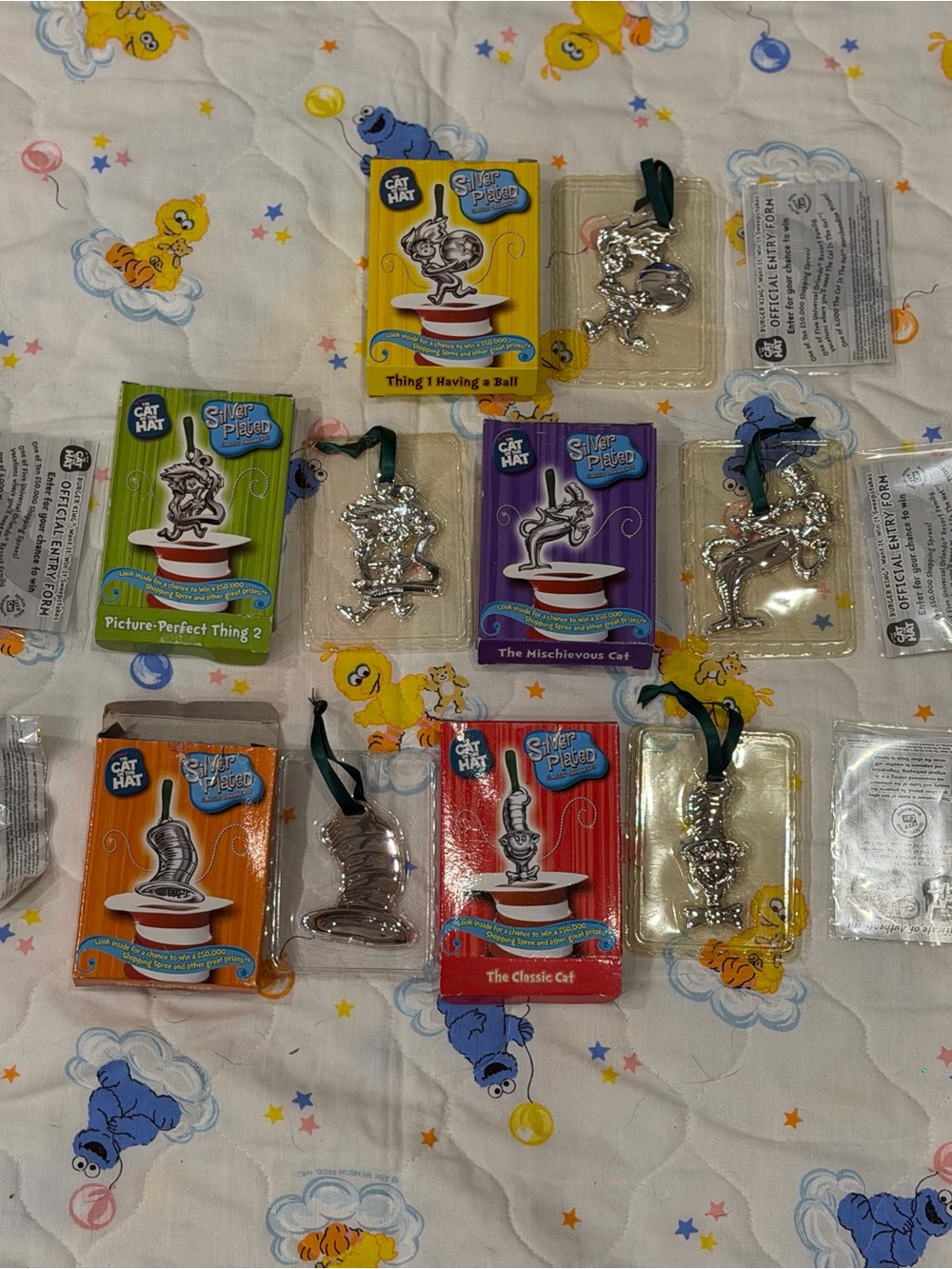 Vintage/y2k Cat in the Hat Silver plated Ornament Set - 5 included